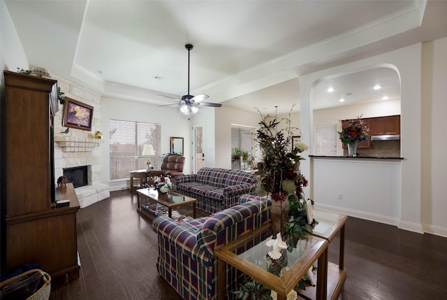 living room featuring a tray ceiling, a stone fireplace, and dark wood-type flooring