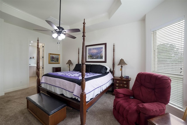 bedroom with baseboards, carpet flooring, multiple windows, and ornamental molding