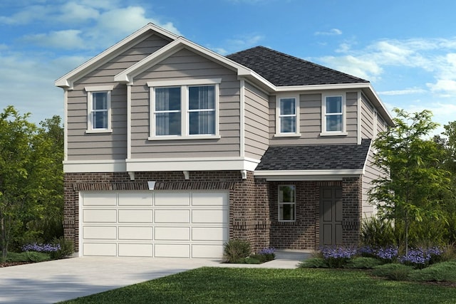 view of front facade featuring brick siding, a garage, a front lawn, and driveway
