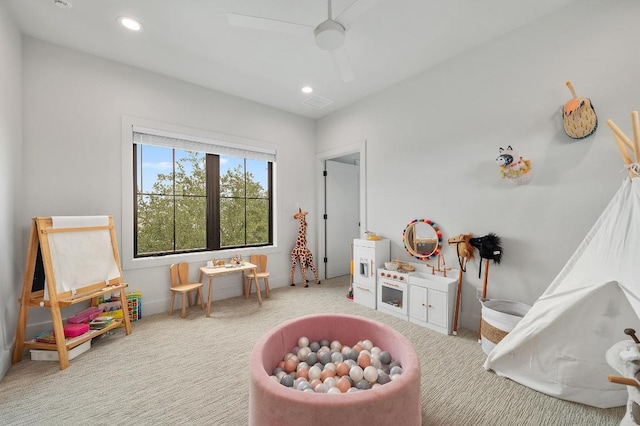 game room featuring recessed lighting, ceiling fan, baseboards, and carpet