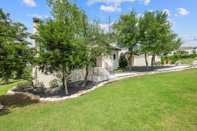 obstructed view of property with a front lawn