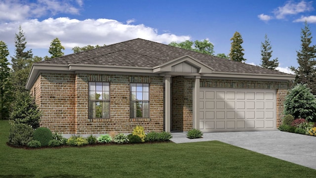 view of front of property featuring brick siding, an attached garage, a front yard, and concrete driveway