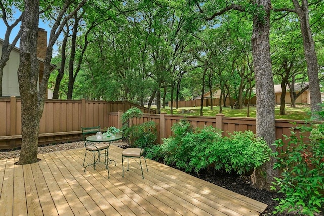 wooden terrace with a fenced backyard
