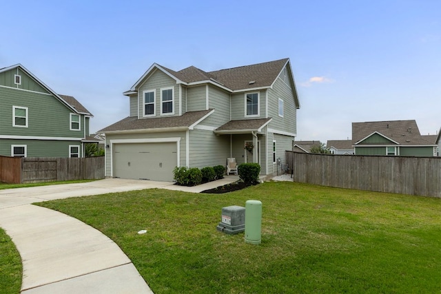 view of front facade with roof with shingles, a front yard, a garage, fence, and concrete driveway