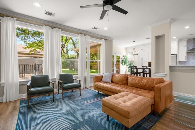 9417 Hopeland Dr, Austin, TX 78749 - living room with plenty of natural light, wood finished floors, baseboards, a ceiling fan, and recessed lighting