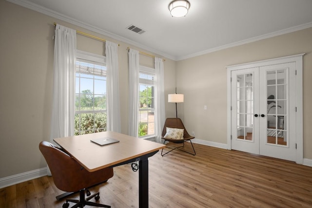 9417 Hopeland Dr, Austin, TX 78749 - office area with french doors, ornamental molding, and wood finished floors