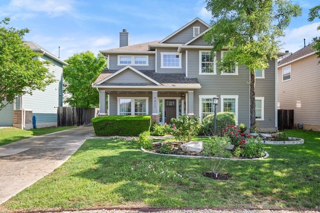 9417 Hopeland Dr, Austin, TX 78749 - craftsman house featuring a chimney, concrete driveway, and a shingled roof