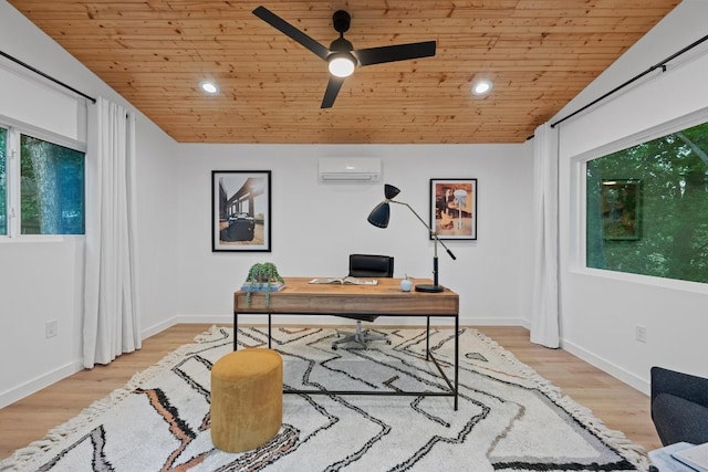 office space with wood finished floors, a wall mounted AC, wooden ceiling, a ceiling fan, and vaulted ceiling