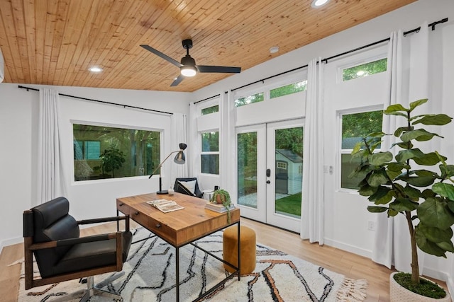 5229 Meadow Creek Dr, Austin, TX 78745 - office area featuring french doors, wooden ceiling, wood finished floors, ceiling fan, and recessed lighting