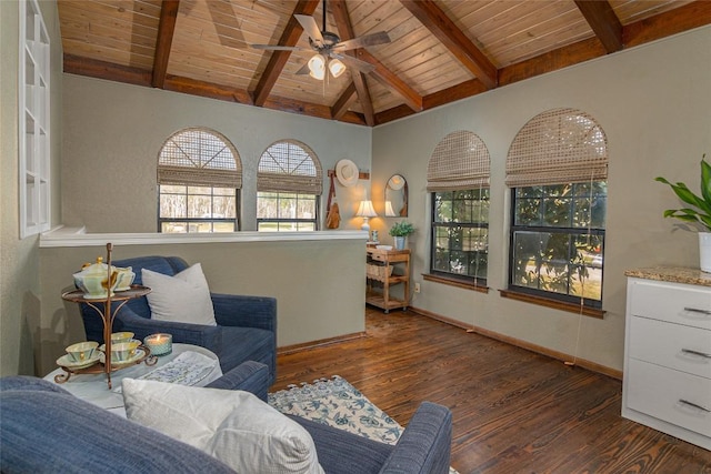 sitting room featuring a ceiling fan, wooden ceiling, and wood finished floors