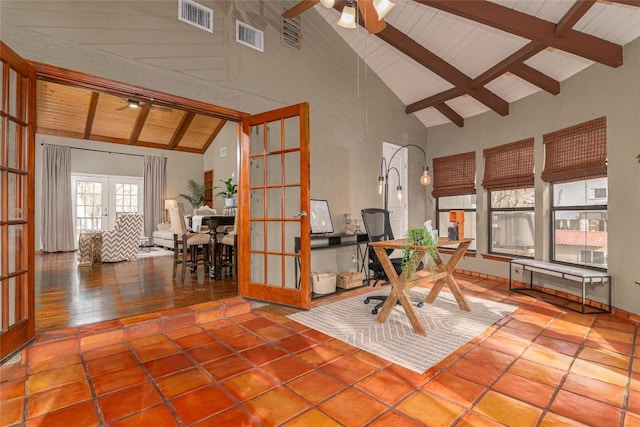 office space with a ceiling fan, french doors, visible vents, high vaulted ceiling, and beamed ceiling