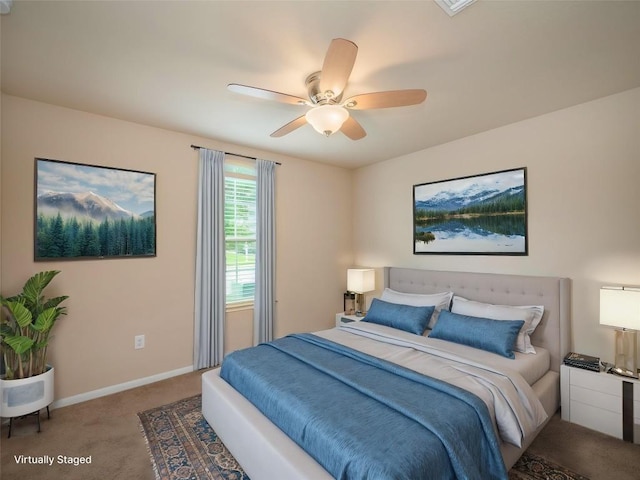 carpeted bedroom with baseboards and a ceiling fan