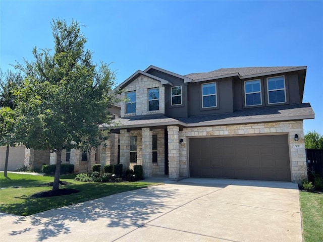 5817 Scenic Lake Dr, Georgetown, TX 78626 - view of front facade featuring stone siding, a garage, concrete driveway, and a front lawn