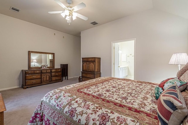 carpeted bedroom featuring visible vents, baseboards, ceiling fan, and lofted ceiling