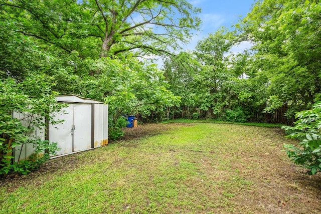 view of yard with an outbuilding and a shed