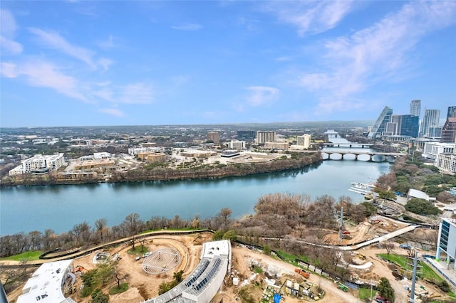 bird's eye view with a water view and a city view