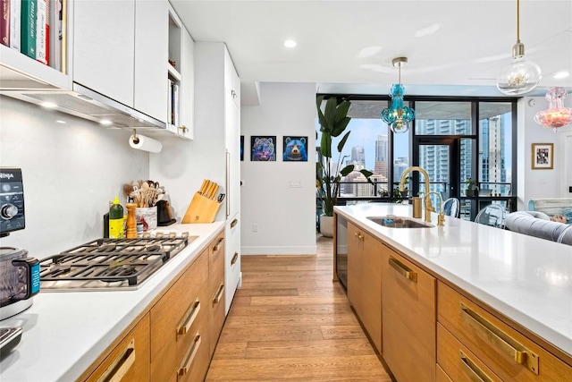 kitchen with pendant lighting, a sink, light countertops, baseboards, and light wood-style floors