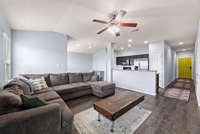 12717 Casting Dr, Manor, TX 78653 - living room with dark wood-style floors, ceiling fan, and recessed lighting