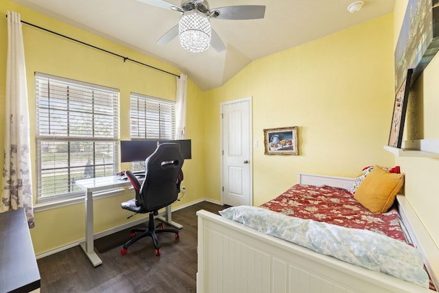 bedroom with baseboards, dark wood-style flooring, lofted ceiling, and multiple windows
