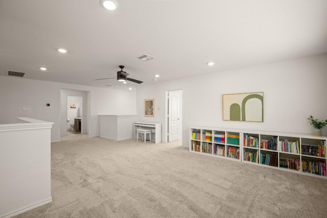 1625 Stinnett Dr, Leander, TX 78641 - recreation room featuring ceiling fan, visible vents, carpet floors, baseboards, and recessed lighting