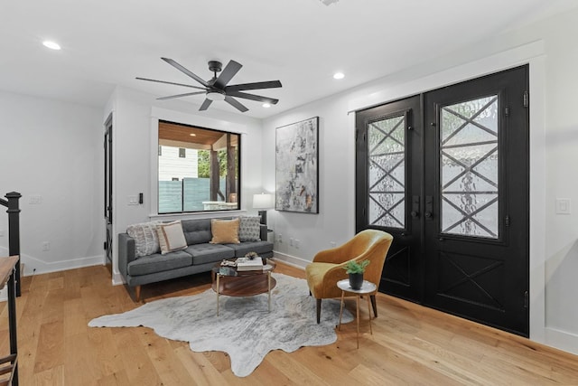 408 W 34th St, Austin, TX 78705 - living area featuring light wood-type flooring, recessed lighting, ceiling fan, and french doors