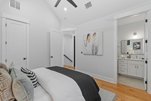 408 W 34th St, Austin, TX 78705 - bedroom featuring lofted ceiling, light wood finished floors, a closet, ensuite bathroom, and ceiling fan