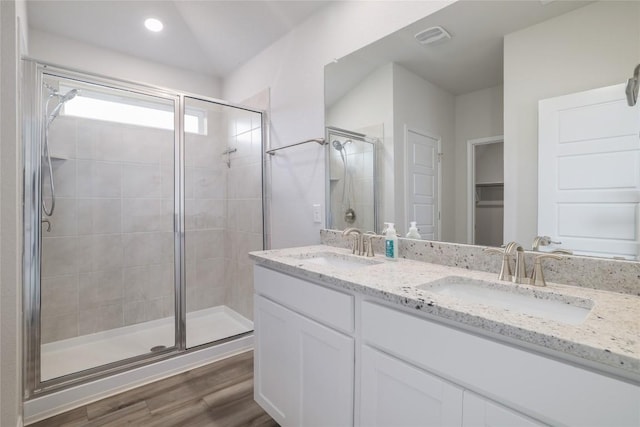 bathroom with a sink and a shower stall