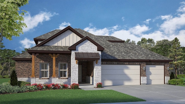 craftsman-style house with a garage, board and batten siding, stone siding, and concrete driveway