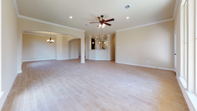 unfurnished living room featuring arched walkways, visible vents, ornamental molding, and ceiling fan with notable chandelier