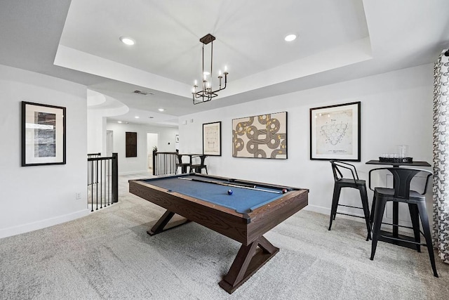 1220 Summer Moon Dr, Georgetown, TX 78628 - game room featuring a raised ceiling, carpet floors, billiards, a chandelier, and recessed lighting