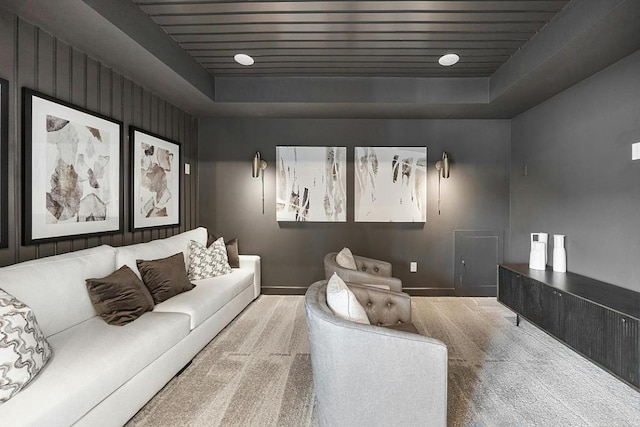 1220 Summer Moon Dr, Georgetown, TX 78628 - carpeted living room featuring a raised ceiling and wood ceiling