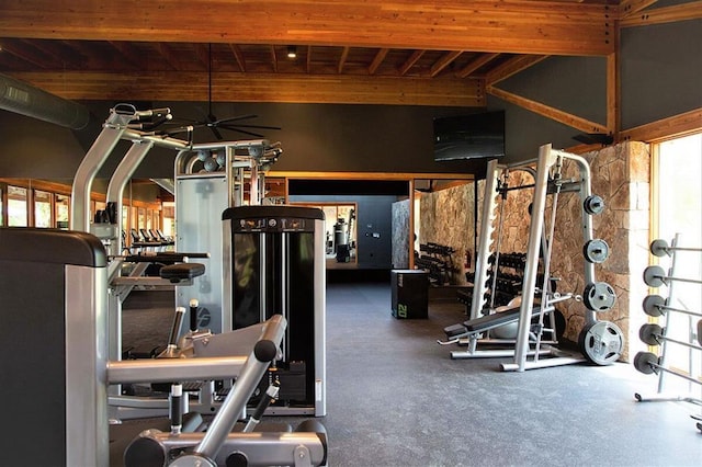 1220 Summer Moon Dr, Georgetown, TX 78628 - gym with ceiling fan and a wooden ceiling with exposed beams