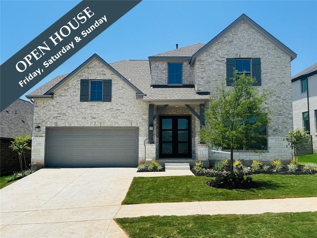 1220 Summer Moon Dr, Georgetown, TX 78628 - view of front of house with an attached garage, a shingled roof, a front yard, concrete driveway, and brick siding