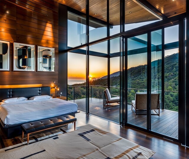 1806 Buffalo Gap Rd, Austin, TX 78734 - bedroom featuring expansive windows, multiple windows, hardwood / wood-style floors, a towering ceiling, and wood walls