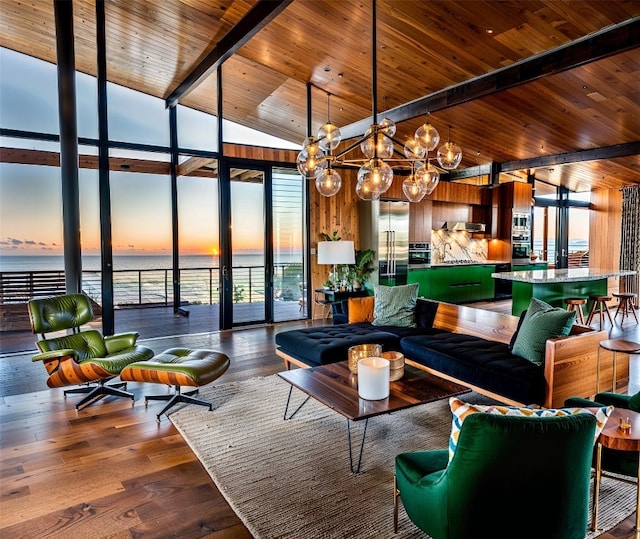 living area with dark wood-style flooring, wood ceiling, a water view, lofted ceiling with beams, and a notable chandelier