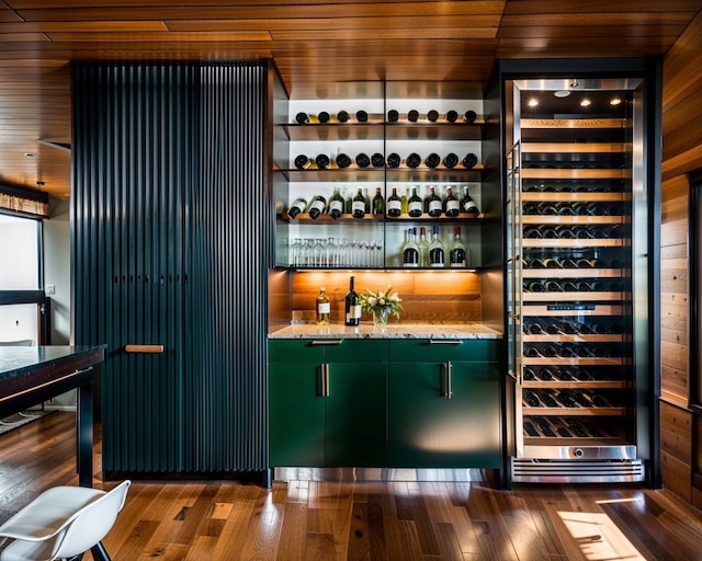 1806 Buffalo Gap Rd, Austin, TX 78734 - bar with beverage cooler, wooden ceiling, and dark wood finished floors