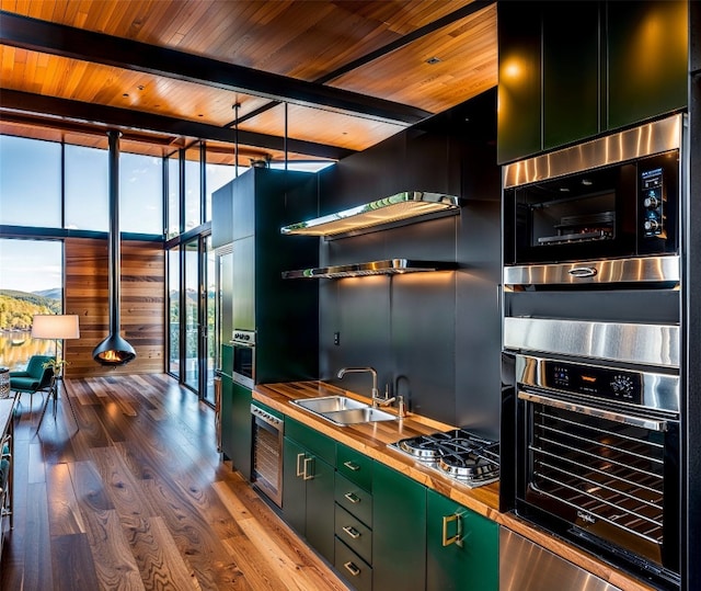 kitchen featuring a sink, floor to ceiling windows, green cabinets, and stainless steel appliances