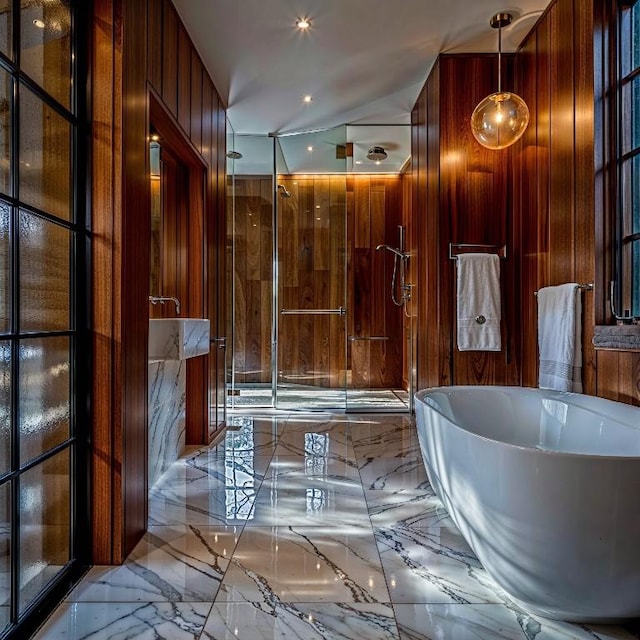 1806 Buffalo Gap Rd, Austin, TX 78734 - full bathroom featuring marble tiled flooring, a soaking tub, a shower stall, and wooden walls