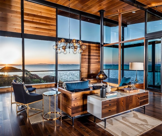 1806 Buffalo Gap Rd, Austin, TX 78734 - building lobby featuring wood ceiling, a wall of windows, a water view, and a towering ceiling