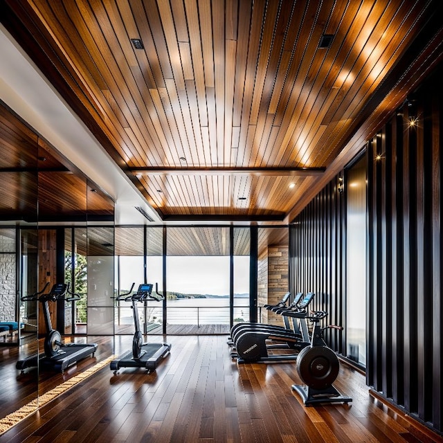 exercise area featuring a wall of windows, wood ceiling, and hardwood / wood-style flooring