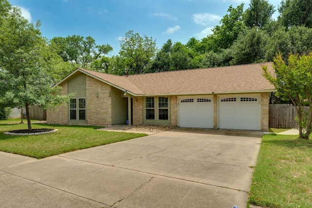 ranch-style house featuring brick siding, a garage, fence, and driveway