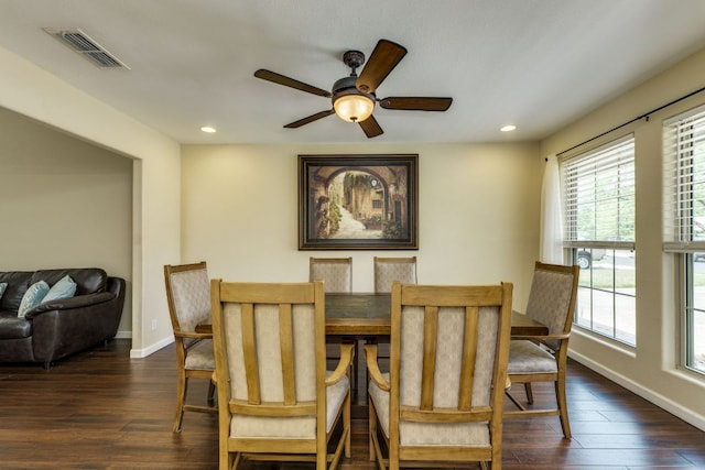 dining area with a ceiling fan, baseboards, recessed lighting, visible vents, and dark wood-style floors