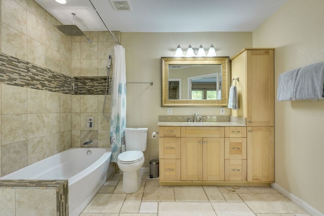 bathroom with visible vents, vanity, toilet, baseboards, and shower / bathtub combination with curtain