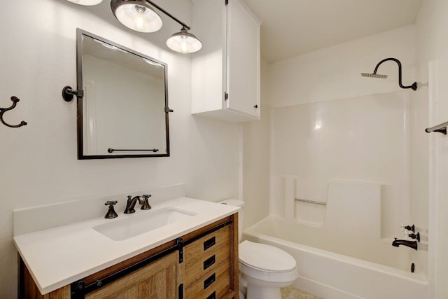 full bathroom with vanity, shower / bath combination, visible vents, and toilet