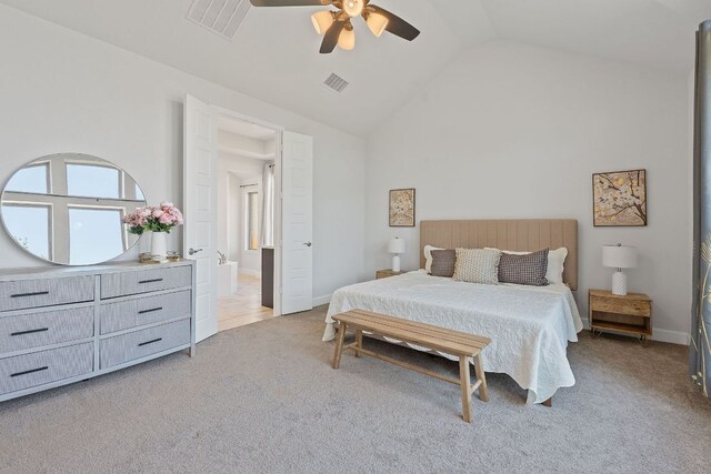1504 Caylea Bluff Ln, Georgetown, TX 78628 - bedroom featuring light colored carpet, a ceiling fan, and high vaulted ceiling