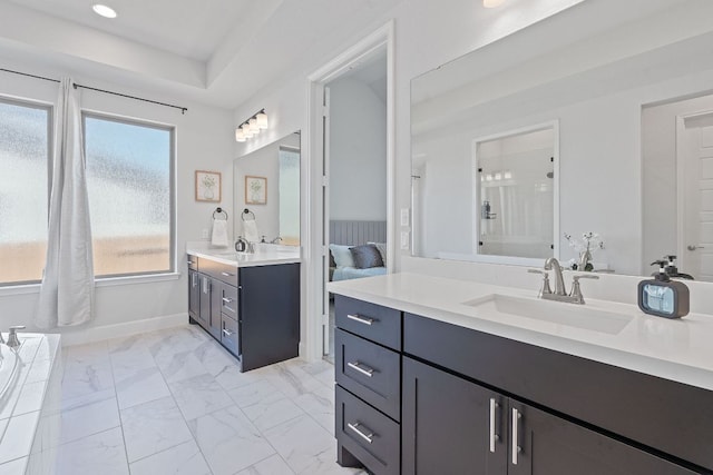 1504 Caylea Bluff Ln, Georgetown, TX 78628 - bathroom featuring vanity, marble look tile flooring, a shower with door, and a tub