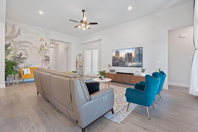 1504 Caylea Bluff Ln, Georgetown, TX 78628 - living room with ceiling fan, wood finished floors, and recessed lighting