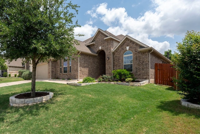 view of front of house with brick siding, fence, driveway, and a garage