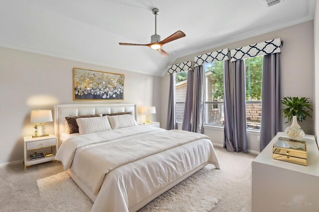12509 Morelia Way, Austin, TX 78748 - bedroom with crown molding, baseboards, vaulted ceiling, and light carpet