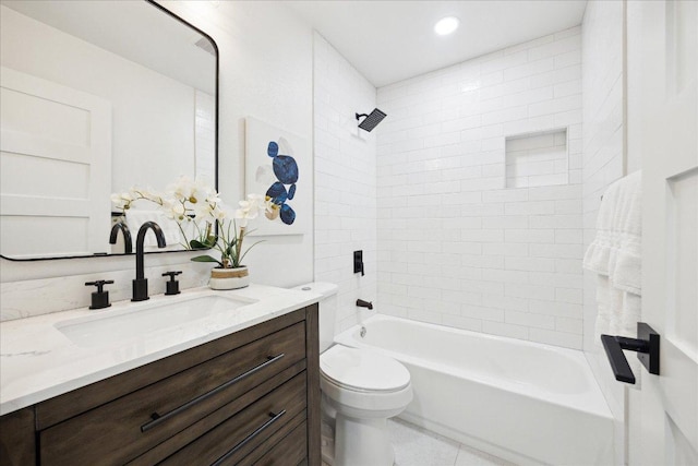 full bathroom featuring vanity, tile patterned flooring, bathing tub / shower combination, toilet, and recessed lighting